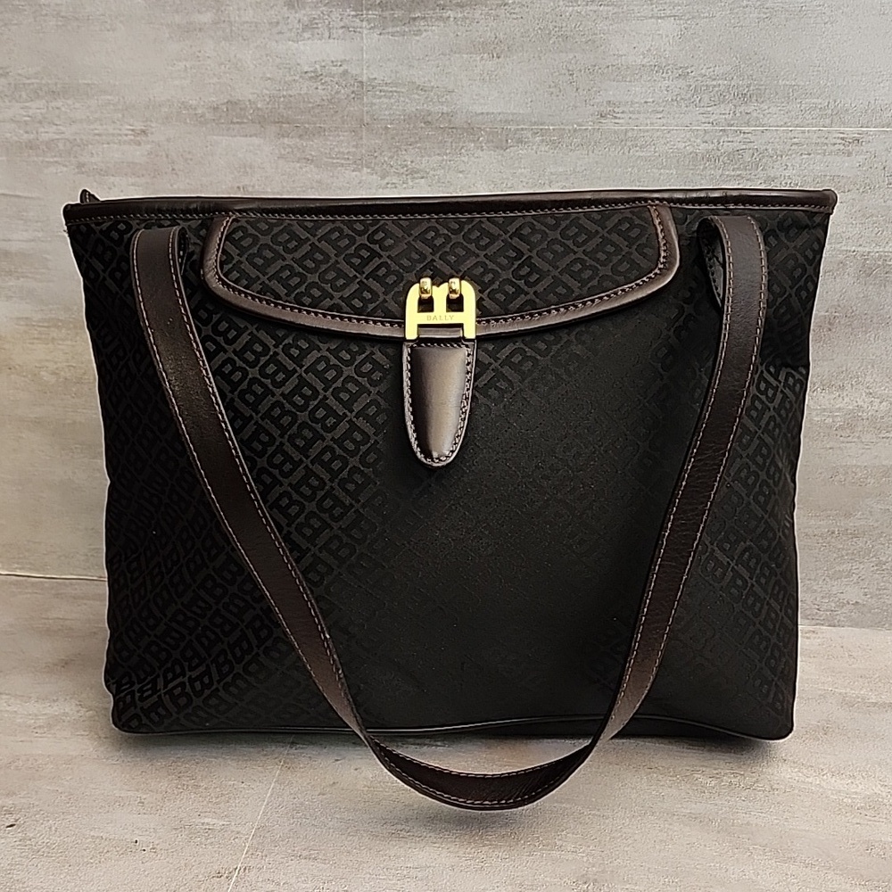 Bally Black Brown Logo Tote with Gold Hardware